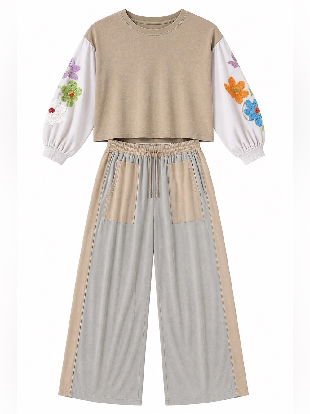 SHEIN Olive Wide Leg  Set with Colorful Flower Power Sleeves